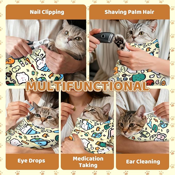 21.7" Cat Grooming Wrap for Cutting Nails, Graffiti Pattern Self-Adherent Fabric Wrap for Cats, Anti-Scratch Anti-Escape Multifunctional Cat Swaddle Tool for Teeth Brushing, Ear Cleaning