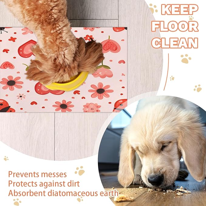Red Ladybird Dog Food Mat for Floors Absorbent, Quick Dry Water Dispenser Mat for Food, Water, Pet Supplies 24" x 32", Spring Flower