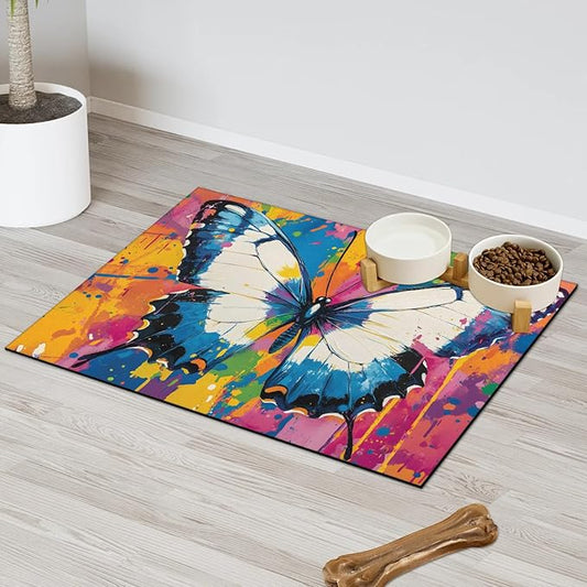 Colorful Butterfly Dog Food Mat for Floors Absorbent, Quick Dry Water Dispenser Mat for Food, Water, Pet Supplies 16" x 24", Watercolor Animals