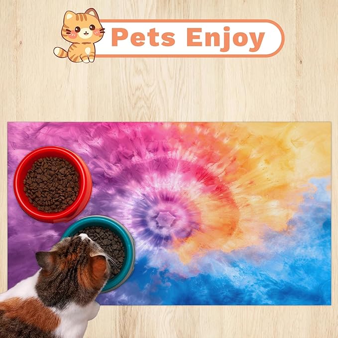 Tie Dye Dog Food Mat for Floors Absorbent, Quick Dry Water Dispenser Mat for Food, Water, Pet Supplies 17" x 30", Boho Abstract