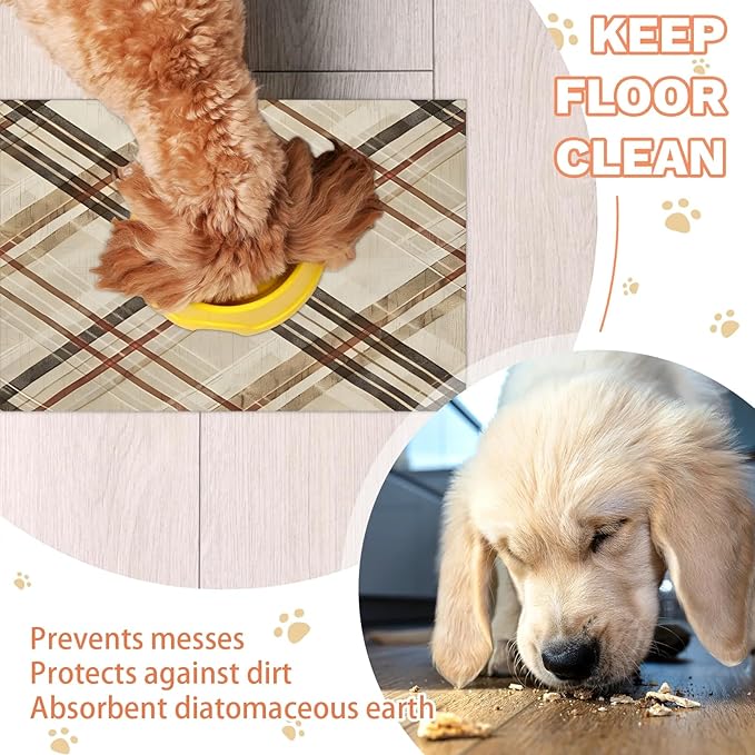 Buffalo Check Dog Food Mat for Floors Absorbent, Quick Dry Water Dispenser Mat for Food, Water, Pet Supplies 17" x 30", Retro Plaid