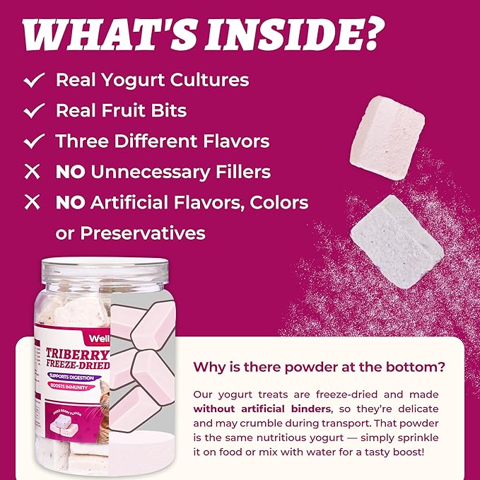 Wellix Freeze-Dried Cat Treats for Dog & Cat - Triberry Yoggy Cat&Dog Yogurt Treats with Chicken Flavor Fruits - Probiotics Digestive & Immune Health Cats&Dogs Food Toppers 4.23oz