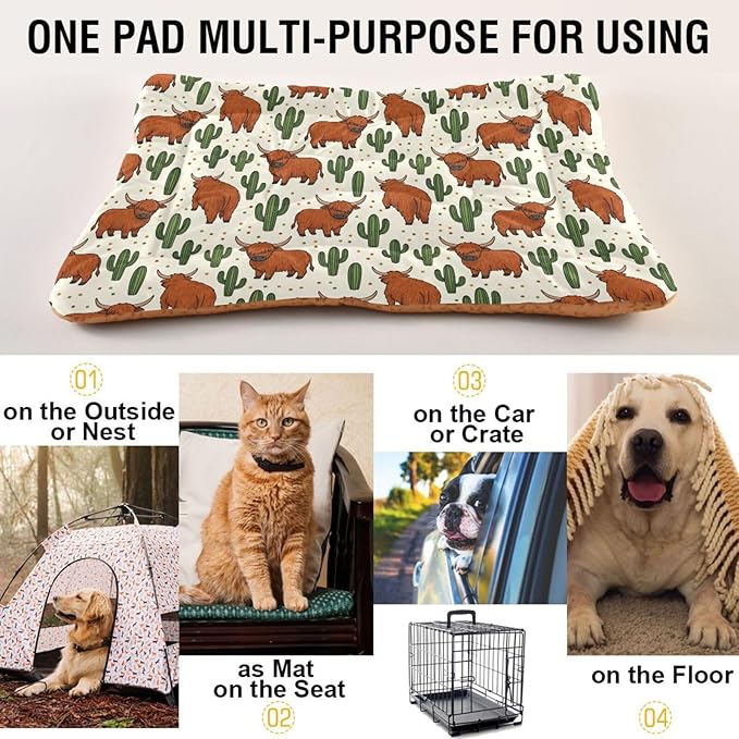 Dog Bed for Crate Washable Pet Sleep Pad, Highland Cow Kennel Mat with Non-Slip Bottom, Soft Fluffy Supplies Pet for Dogs and Cats (24x18 inch)