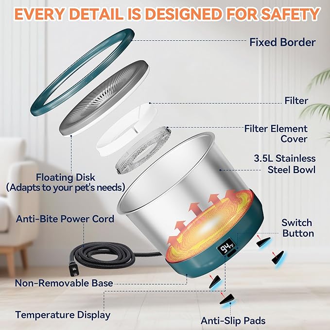 3.5L Heated Water Bowl, Stainless Steel Heated Dog Bowl with Digital Display and Adjustable Temperature, Heated Outdoor Pet Water Bowl Provides Warm Water for Dogs