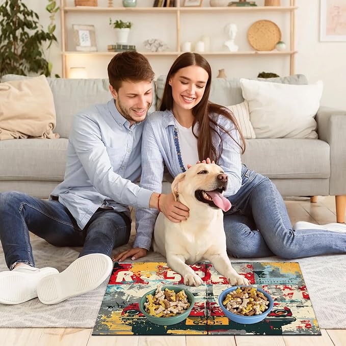 Vintage Car Dog Food Mat for Floors Absorbent, Quick Dry Water Dispenser Mat for Food, Water, Pet Supplies 17" x 30", Abstract Graffiti