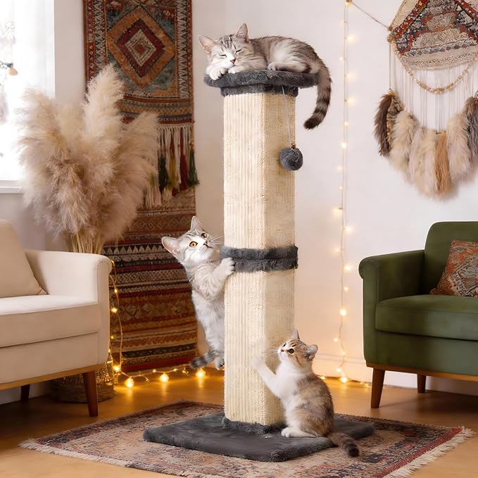 Tall Cat Scratching Post, 32'' Heavy Duty and Thick Scratching Post, Scratching Post for Adult Cats, Thick Sisal Rope with Hanging Ball, Grey