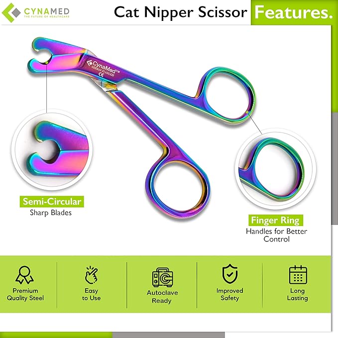 CynaVet Stainless Steel Multicolor Cat Nail Clippers: Safe Trimming of Indoor Cats, Rabbits, Hamsters, Birds - Ideal for at-Home Grooming - Veterinary Instruments Gifts
