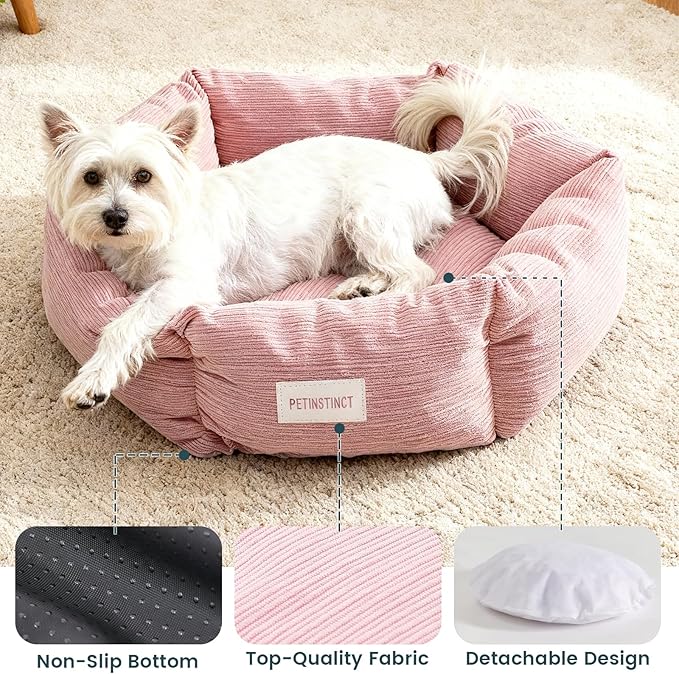 Cat Bed, 22 Inch Washable Corduroy Cat and Small Dog Bed with Removable Cover & Anti-Slip Bottom, Calming Comfort Pet Bed for Pets up to 15 lbs (Cream White)