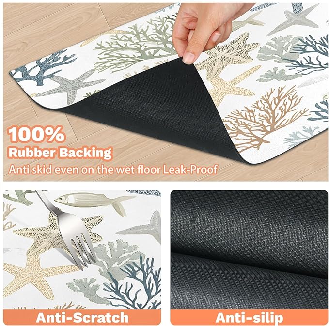 Nautical Coastal Dog Food Mat for Floors Absorbent Dog Bowl Mat for Food and Water Dispenser Quick Dry Cat Food Placemat Pet Supplies 24" x 32", Ocean Beach Starfish