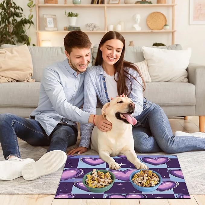 Love Heart Dog Food Mat for Floors Absorbent, Quick Dry Water Dispenser Mat for Food, Water, Pet Supplies 17" x 30", Buffalo Plaid