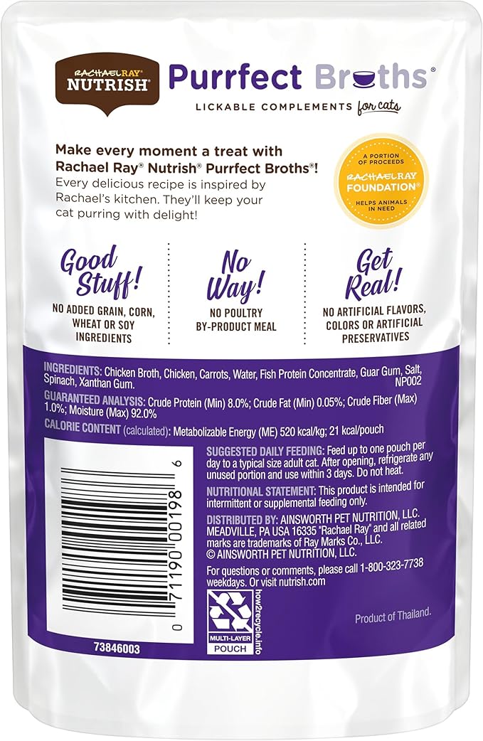 Nutrish Rachael Ray Purrfect Broths Lickable Cat Treats or Topper, Classic Chicken Recipe, Grain Free 1.4 oz. Pouch, 24 Count