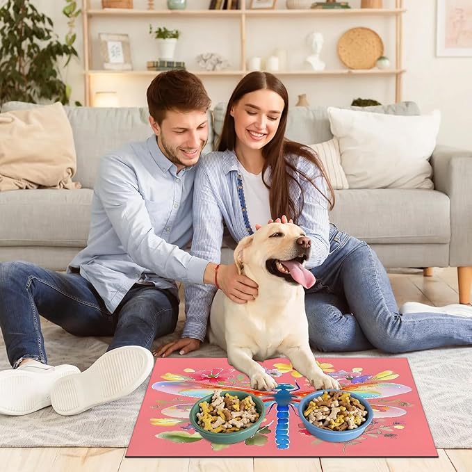 Dragonfly Dog Food Mat for Floors Absorbent, Quick Dry Water Dispenser Mat for Food, Water, Pet Supplies 17" x 30", Spring Flower
