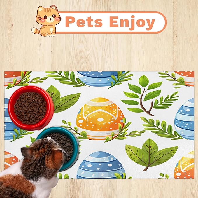 Happy Easter Dog Food Mat for Floors Absorbent Dog Bowl Mat for Food and Water Dispenser Quick Dry Cat Food Placemat Pet Supplies 12" x 20", Green Plant