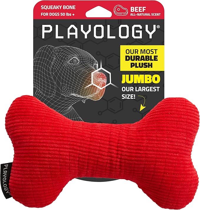 Playology Dog Toys | Plush Squeaky Bone Chew Toy for Dogs | Jumbo Beef Scented Toy - Easy to Clean and Made from Non Toxic Materials