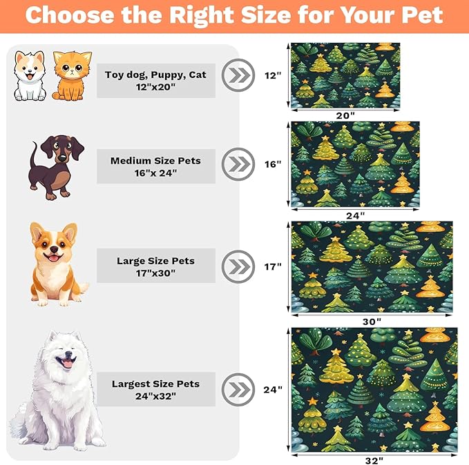 Christmas Trees Dog Food Mat for Floors Absorbent, Quick Dry Water Dispenser Mat for Food, Water, Pet Supplies 12" x 20", Pine Tree Forest