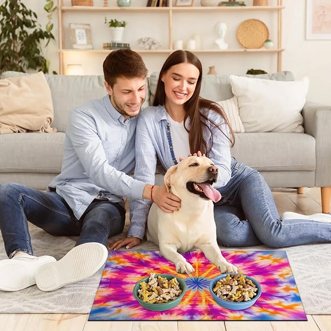 Tie Dye Dog Food Mat for Floors Absorbent, Quick Dry Water Dispenser Mat for Food, Water, Pet Supplies 16" x 24", Colorful Mandala