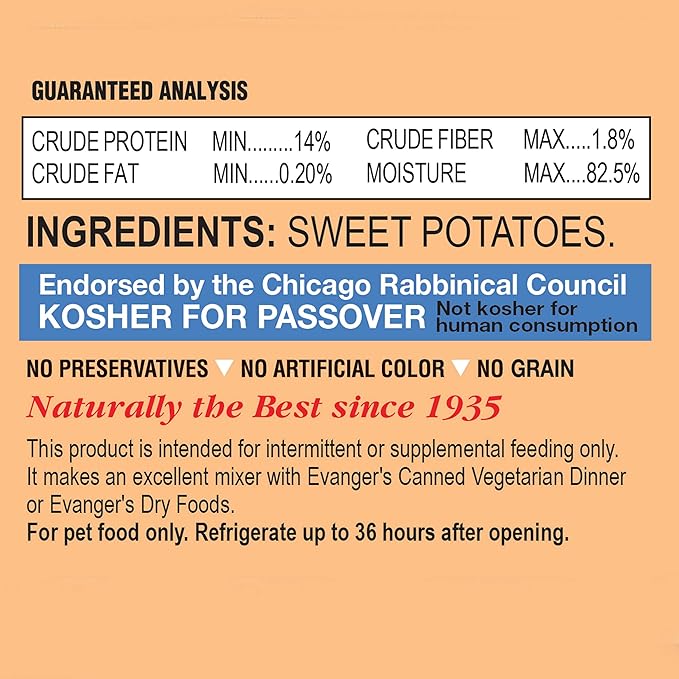 Evanger's Complements Sweet Potato for Dogs & Cats – 24 Pack of 6 oz Cans – 100% Single-Ingredient Puree – Grain-Free, Gluten-Free, Ideal for Digestive Health