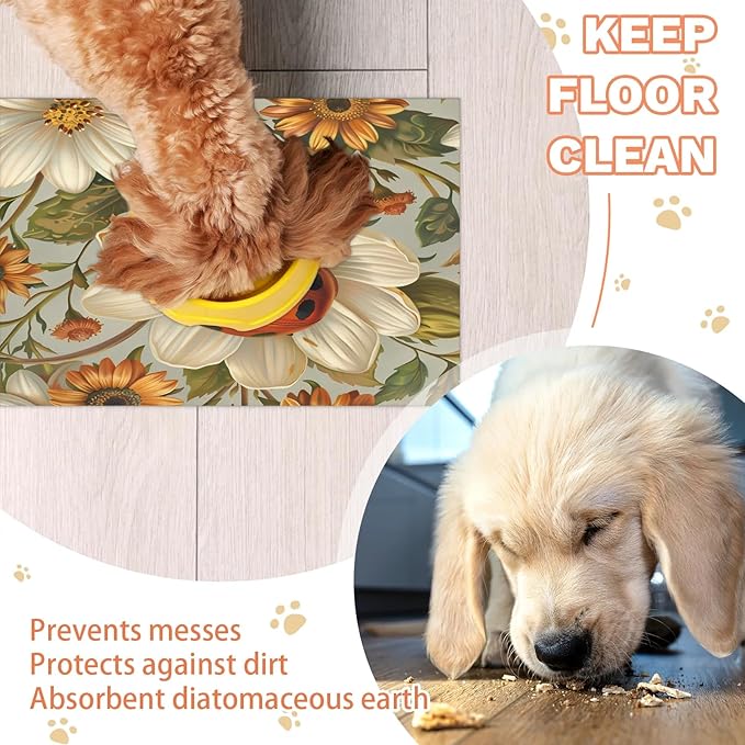 Ladybird Dog Food Mat for Floors Absorbent, Quick Dry Water Dispenser Mat for Food, Water, Pet Supplies 24" x 32", Daisy Flower