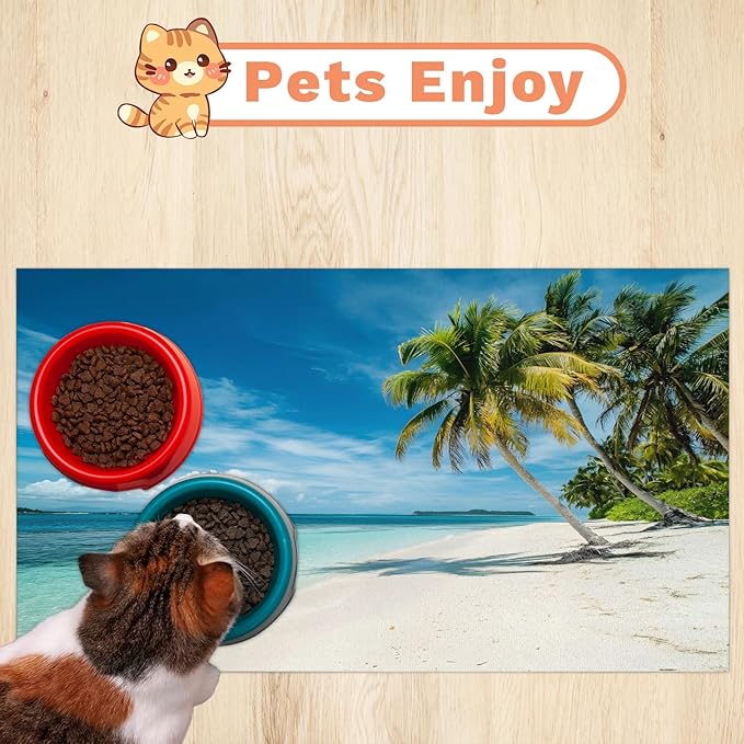 Palm Tree Dog Food Mat for Floors Absorbent, Quick Dry Water Dispenser Mat for Food, Water, Pet Supplies 24" x 32", Tropical Hawaii