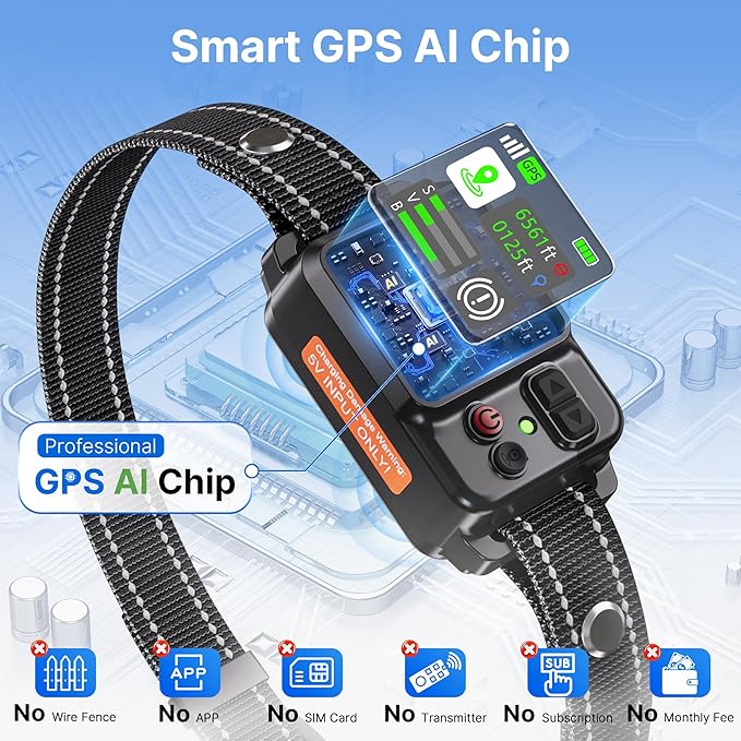 GPS Wireless Dog Fence System, Circular Electric Fence for Dogs | Adjustable Range from 49 to 6561 ft | GPS Positioning, Protection Mode, 100% Waterproof | Outdoor Use Only