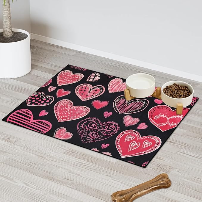 Valentines Day Dog Food Mat for Floors Absorbent, Quick Dry Water Dispenser Mat for Food, Water, Pet Supplies 24" x 32", Love Heart