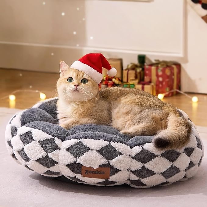 Cat Beds for Indoor Cats, Cute Donut Kitten Beds for Small Dog, Round Plush Bed for Puppy and Large Cats, Anti-Slip Bottom, Grey