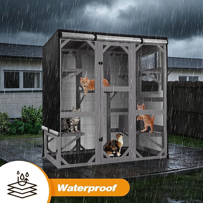 Catio Cover,65" L x 34.5" W x 70.5" H Cover for Catio Outdoor Cat Enclosure Waterproof, 420D Cat Cage Covers for Aivituvin Catios, Outdoor Cats Enclosure Covers(Black)(Catios Not Included)