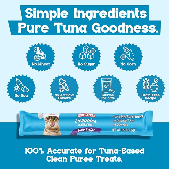 Beefeaters Tuna Pure Cat Treats 1.59oz (12 Pack) | Lickable Squeeze Tube Treats, Grain-Free, No Added Sugar, Real Tuna, Taurine-Enriched, Ideal for Bonding, Seniors, Toppers & Everyday Treating