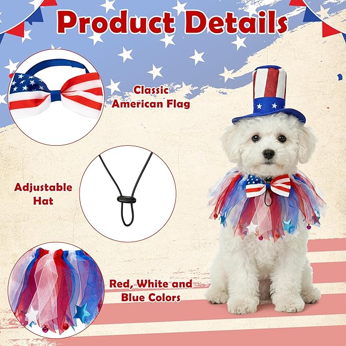 4th of July Dog Outfit Accessories - Medium Dog Patriotic Costume with American Flag Collar Top Hat Red White Blue Bow Tie for Medium Puppy, Pet Clothes Independence Day Parade Supplies Party Favor