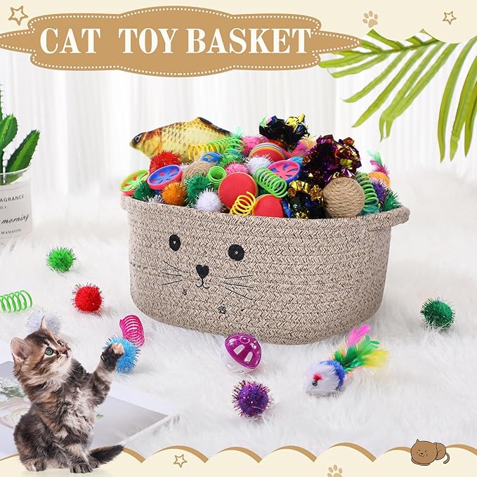 Zopeal 58 Pcs Easter Cat Storage Basket Gift Toys Set, Colorful Flashing Balls Pet Bell Crinkle Balls Spring Toys Attract Cat to Swat, Hunt, Interactive for Pet(Dark Brown,12 Inch)