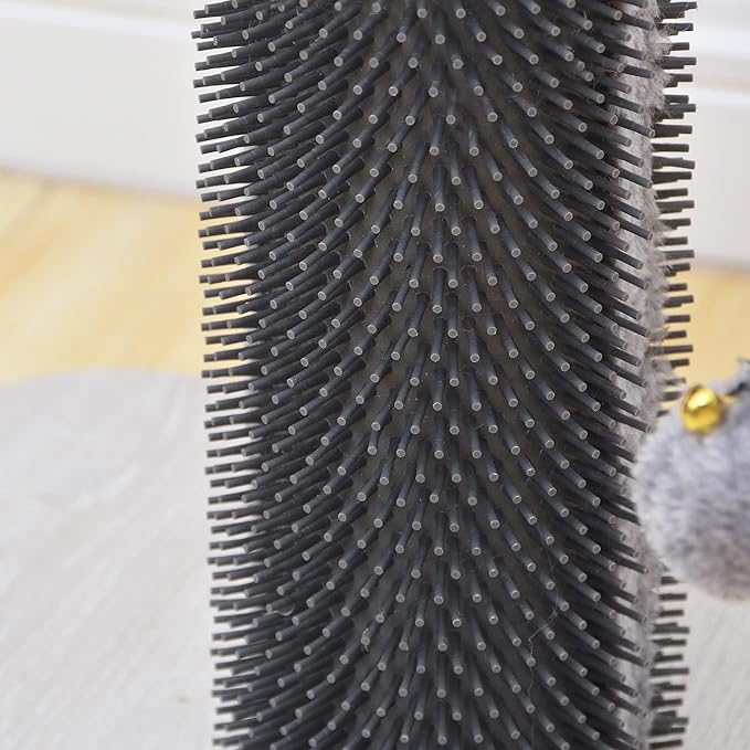PetPals 25" Tall Sisal Carpet Scratching Post with Self-Grooming Massager, 3 in 1 Cat Scratching Post with Full Body Self Cleaning Brush, for Kitten and Adult Cats, 2 Fluffy Toys, Grey