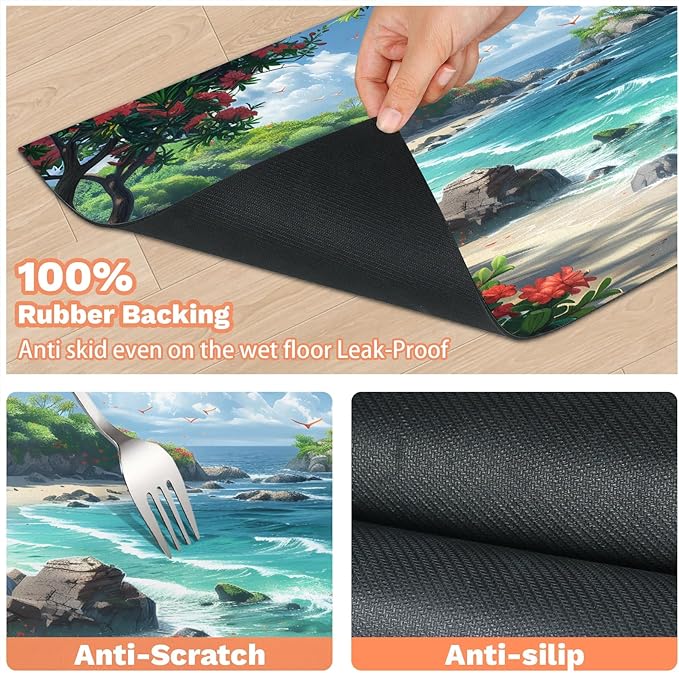 Sea Ocean Dog Food Mat for Floors Absorbent, Quick Dry Water Dispenser Mat for Food, Water, Pet Supplies 12" x 20", Hawaiian Beach