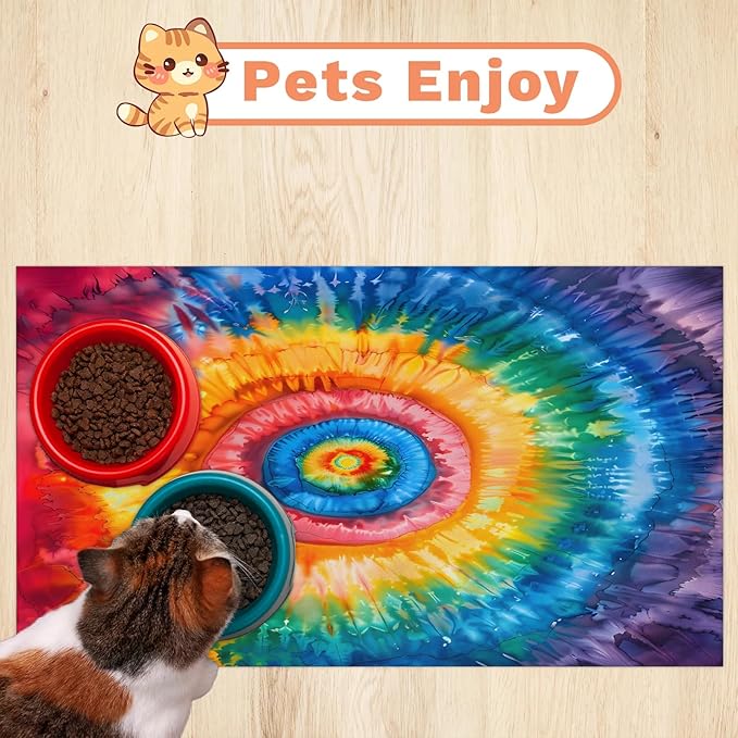 Tie Dye Dog Food Mat for Floors Absorbent, Quick Dry Water Dispenser Mat for Food, Water, Pet Supplies 16" x 24", Colorful Rainbow