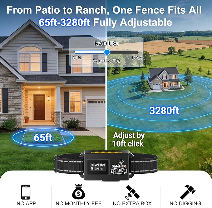 GPS Dog Fence for Dogs That Run-Wireless Invisible Fence with GPS+GLONASS+Galileo, Waterproof Pet Containment System, 48H Battery, Adjustable Range 65-3280 ft for Camping & No-Yard Use (Over 15 lbs)
