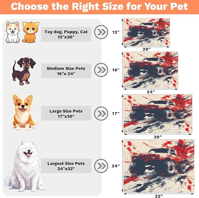 Cool Car Dog Food Mat for Floors Absorbent, Quick Dry Water Dispenser Mat for Food, Water, Pet Supplies 24" x 32", Red Vehicle