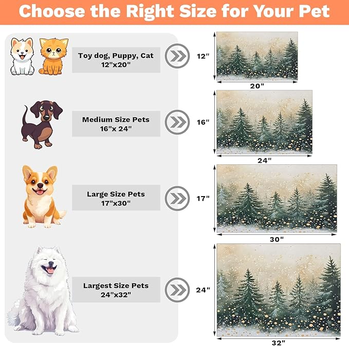 Christmas Tree Dog Food Mat for Floors Absorbent, Quick Dry Water Dispenser Mat for Food, Water, Pet Supplies 24" x 32", Winter Forest