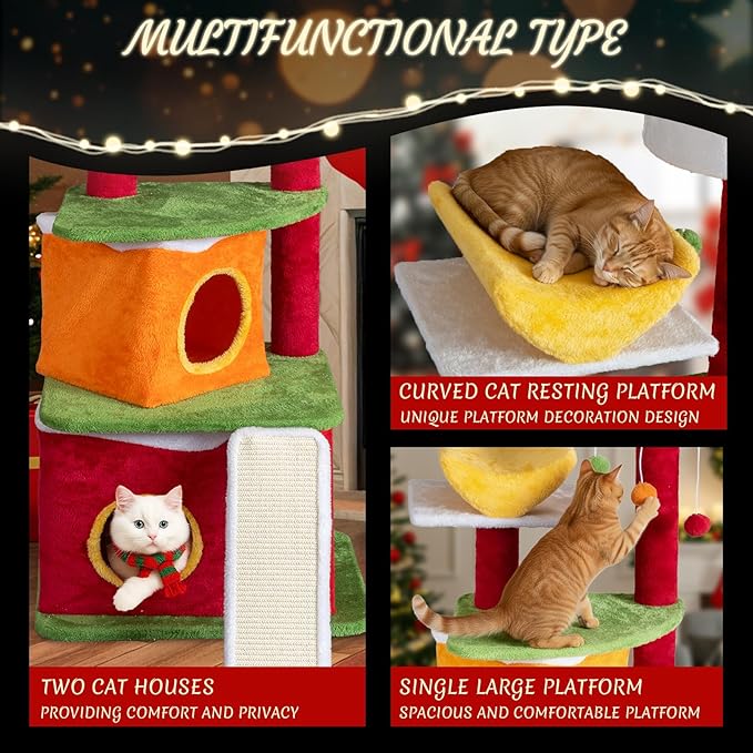 Outvita 48.5in Christmas Themed Plush Cat Tree, Multi-Level Cat Tower with Cat Condos, Top Perch, Sisal Ramp Scratching Board, Large Cat Pet Activity Center for Indoor Cats