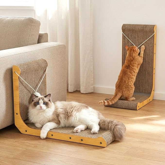 2-Pack Cat Scratching Board, 25.6'' Tall L-Shaped Cardboard Cat Scratcher with Hanging Ball Toy & Raised Edges, Vertical Cat Scratching Post for Indoor Cats, Wall & Couch Protector