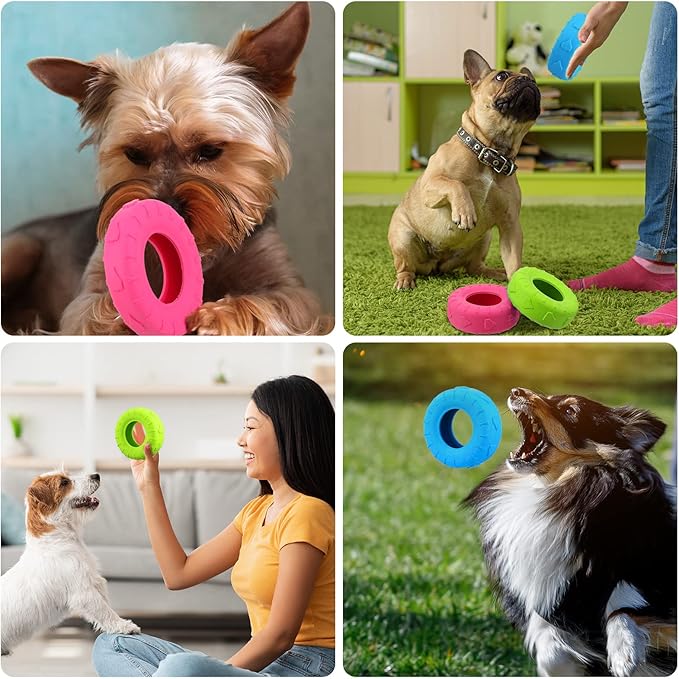 Leitee 3 Pieces Tire Chew Toy Treat Dispenser Indestructible Rubber Toy for Small to Medium Dogs Puppy Aggressive Chewers - Blue, Red, Yellow