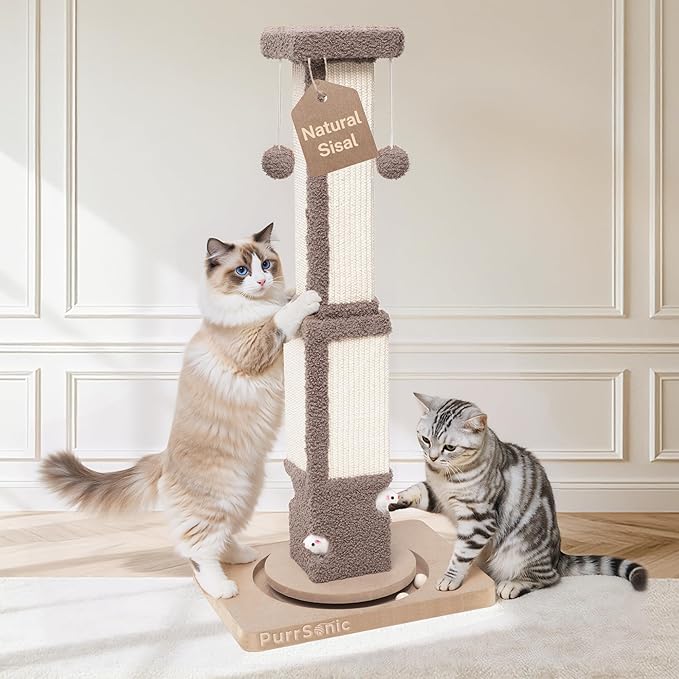 33.7" Tall Large Cat Scratching Post, Indoor Kitten Vertical Sisal Rope Scratcher with Modern Square Thick Pole and Toy Mouse, Space Saving Heavy Duty Stable Base with Interactive Ball Track
