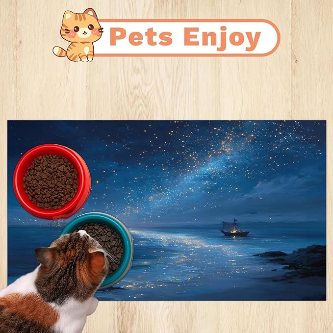 Beach Dog Food Mat for Floors Absorbent, Quick Dry Water Dispenser Mat for Food, Water, Pet Supplies 12" x 20", Night Sky Stars