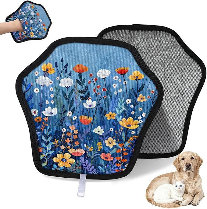 Reusable Pet Hair Removal Glove Wildflower Theme Magic Brush for Cat & Dog Hair Remover for Car, Sofa, Bedding, Clothes - 9x9 Mitt Washable