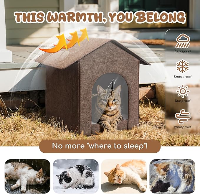 Outdoor Cat House Weatherproof, Insulated Cat Houses for Outdoor/Indoor Cats for Winter, Waterproof Feral Stray Cat Shelter with Door Curtain and Warm Cushion, Easy to Assemble, Brown
