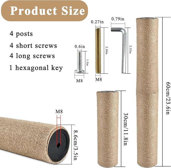 4 Pcs Cat Scratching Post Replacement, Natural Jute Pole Cat Tree Replacement Parts, Cat Scratch Pole with 8 M8 Screws and 1 Wrench for Indoor Kittens Tower (11.8 x 3.3 in)