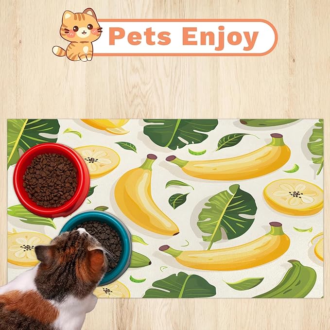 Bananas Dog Food Mat for Floors Absorbent Dog Bowl Mat for Food and Water Dispenser Quick Dry Cat Food Placemat Pet Supplies 12" x 20", Green Leaves