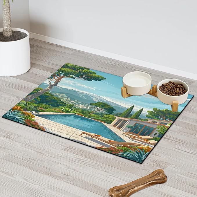Swimming Pool Dog Food Mat for Floors Absorbent, Quick Dry Water Dispenser Mat for Food, Water, Pet Supplies 16" x 24", Mountain Fore