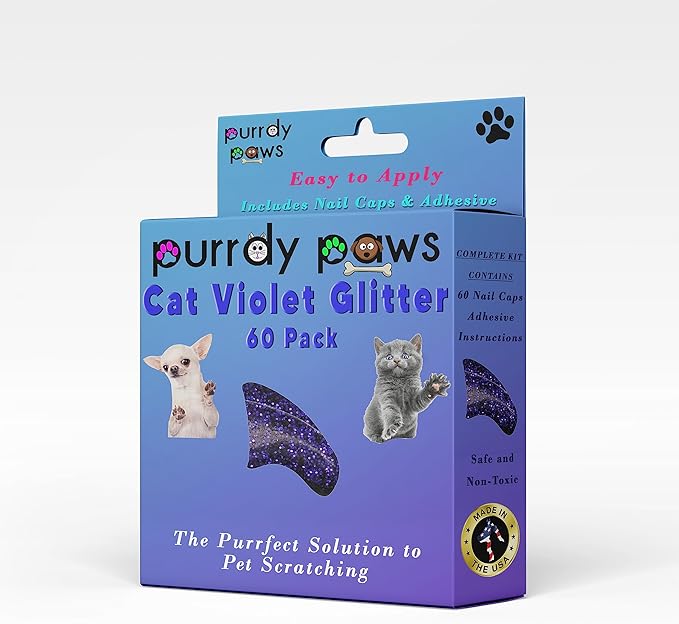 Soft Nail Caps 60 Packs for Cats - Violet Glitter Large
