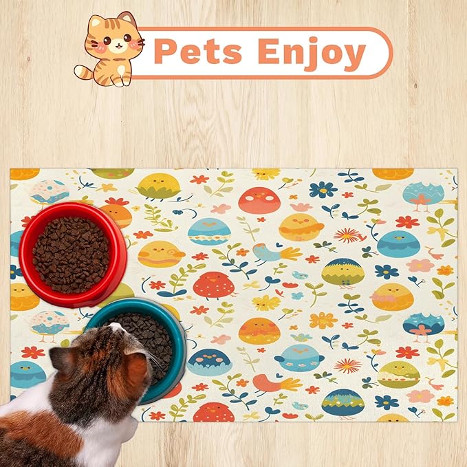 Spring Easter Dog Food Mat for Floors Absorbent Dog Bowl Mat for Food and Water Dispenser Quick Dry Cat Food Placemat Pet Supplies 16" x 24", Boho Wildflower