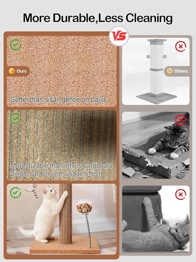 Kitten Claw Friendly Scratching Post Cork & Cardboard Mix Indoor 26" Premium Durable Nature Kittens Scratch Post Tree with Snack Ball & Feather Interactive Toys for Novice Cat Owner