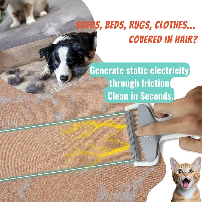 Upgraded BeBii Reusable Electrostatic Pet Hair Remover Tool – Deep Cleaner & Safe on Fabrics – Rubber Broom for Pet Hair, Reusable Cat & Dog Hair Remover for Clothes, Furniture, Rugs, Couches & Car